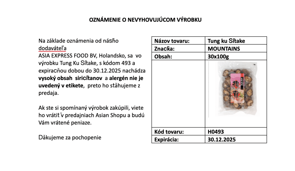 Oznámenie o nevyhovujúcich šitake